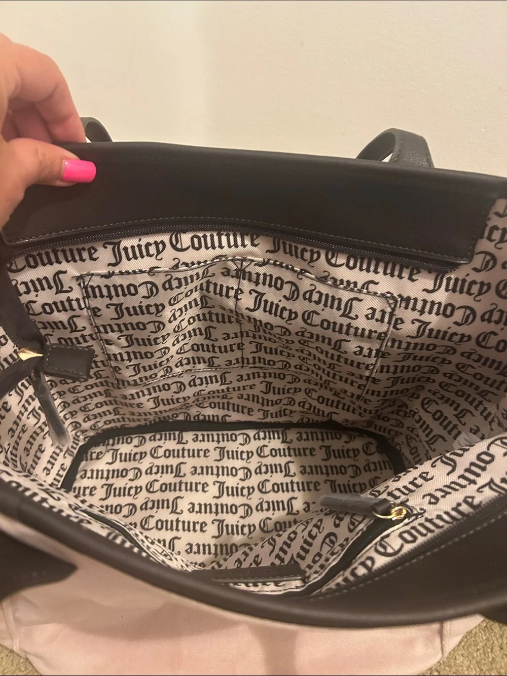 Juicy Couture Blush Pink Canvas Tote with Dark Brown Trim and Gold Crown Charm